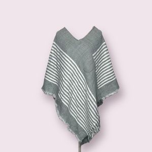 FRANCESCAS Fringe Gray & White Striped Poncho